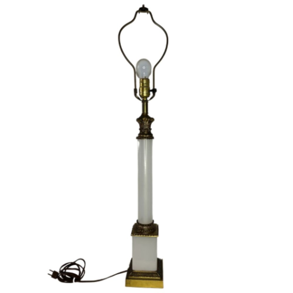Vintage Tyndale Brass Milk Glass Neoclassical Column Table Lamp